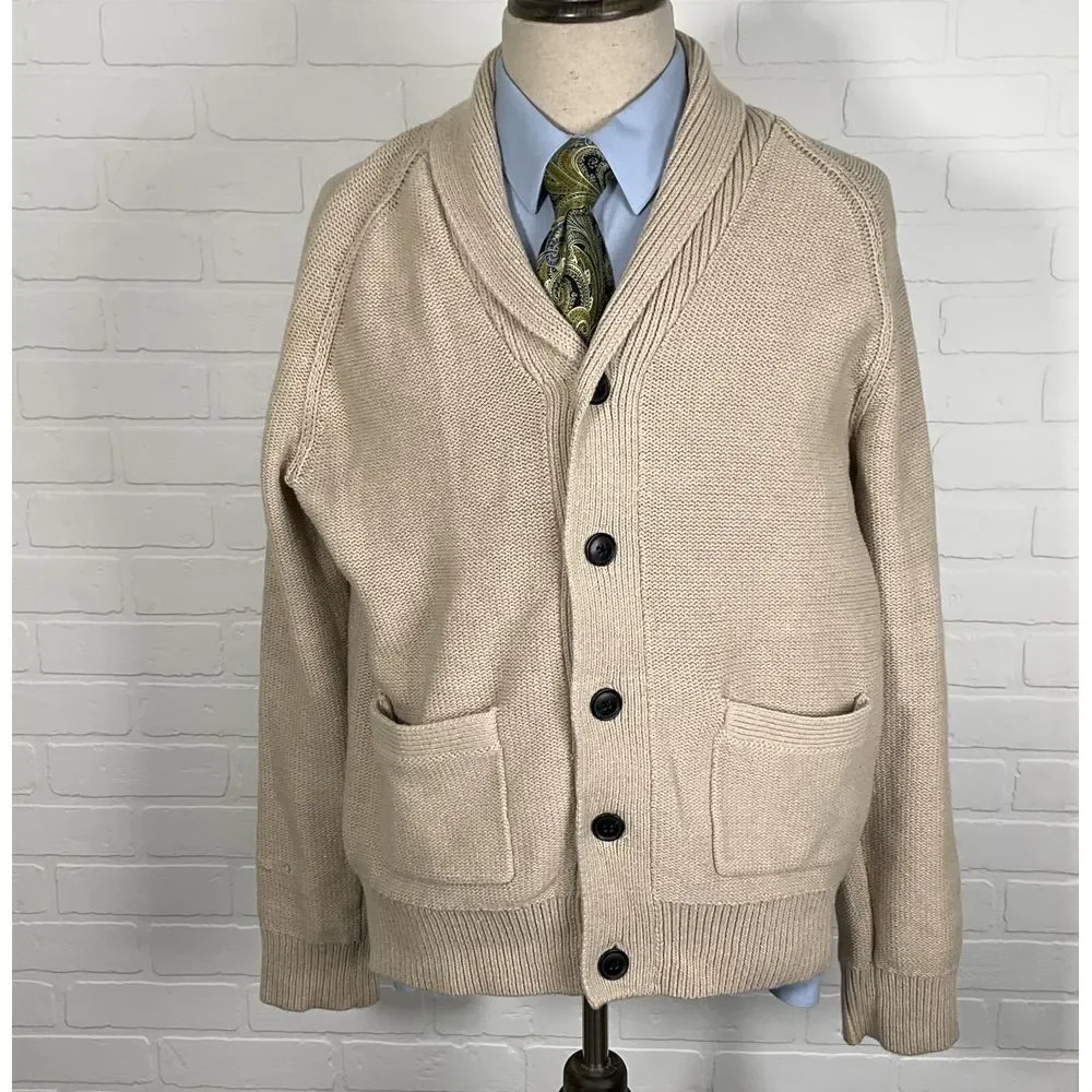 GAP‎ Cardigan Men L Beige Cotton Knit Classic Grandpa Retro Academia Sweater